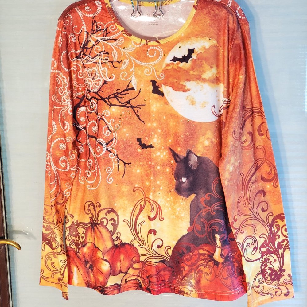 NWT ERIKA Sz L Halloween Embellished Orange Top Black Cat Pumpkin (could fit XL)